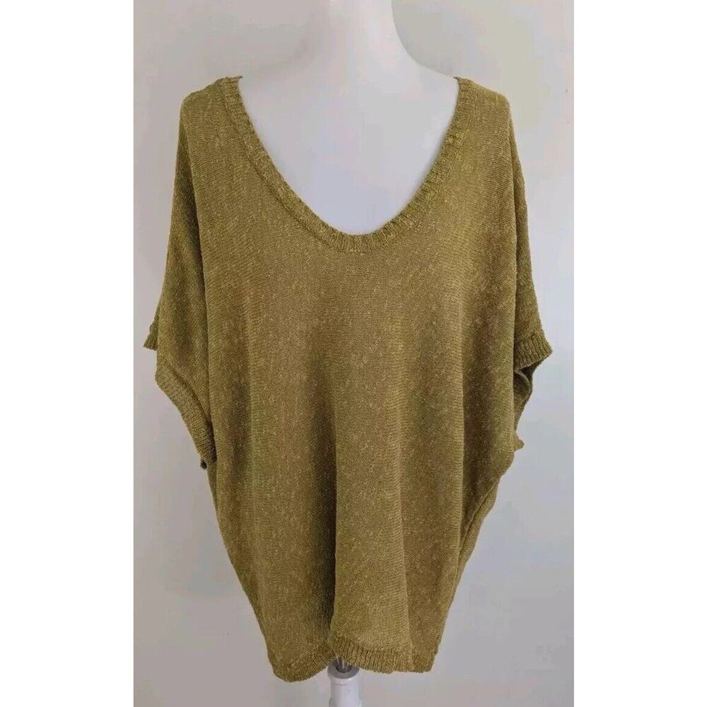 EILEEN FISHER Melange Linen Tunic Top Size M Grain V-Neck Oval Green Gold Boho